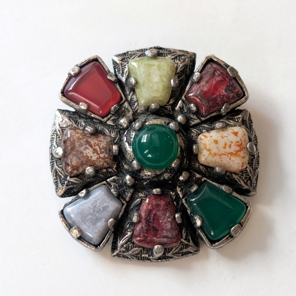 Vintage Celtic Style Brooch w/ Colourful Glass Cabochon Accents- Shield Style